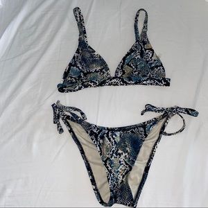 Blue snake print side-tie bikini top and bottom